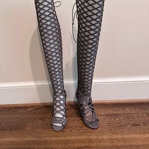 Gray Women's Lattice Over-the-Knee Boots